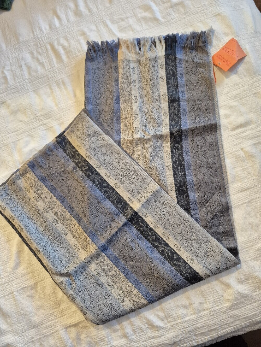 Moksha fine wovens 100% pure new wool, dry clean only blues tan gray striped NWT - Picture 6 of 8